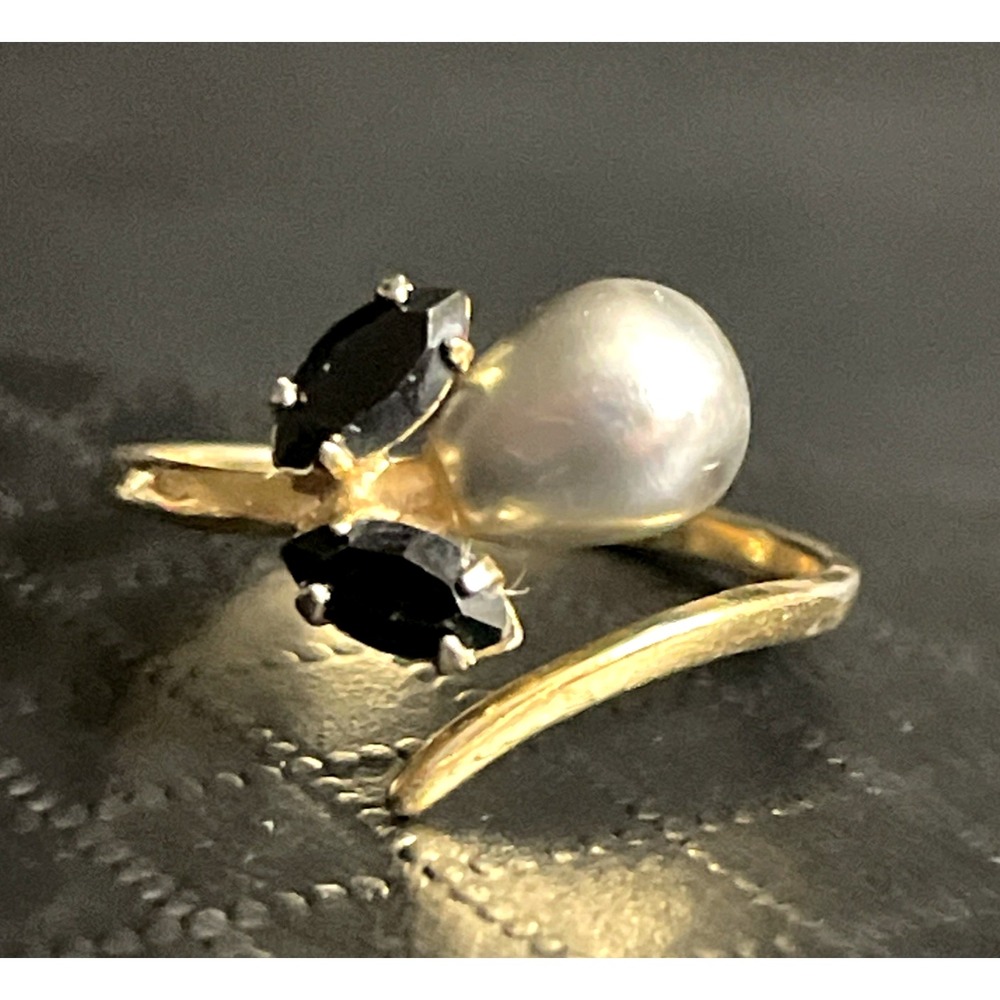Vintage Dainty Wrap Ring Rhinestone Faux Pearl Gold Tone Adjustable Floral READ